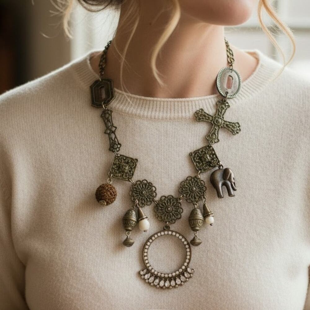 Boho Assemblage Statement Necklace Elephant Charm Rhinestone Drop Toggle